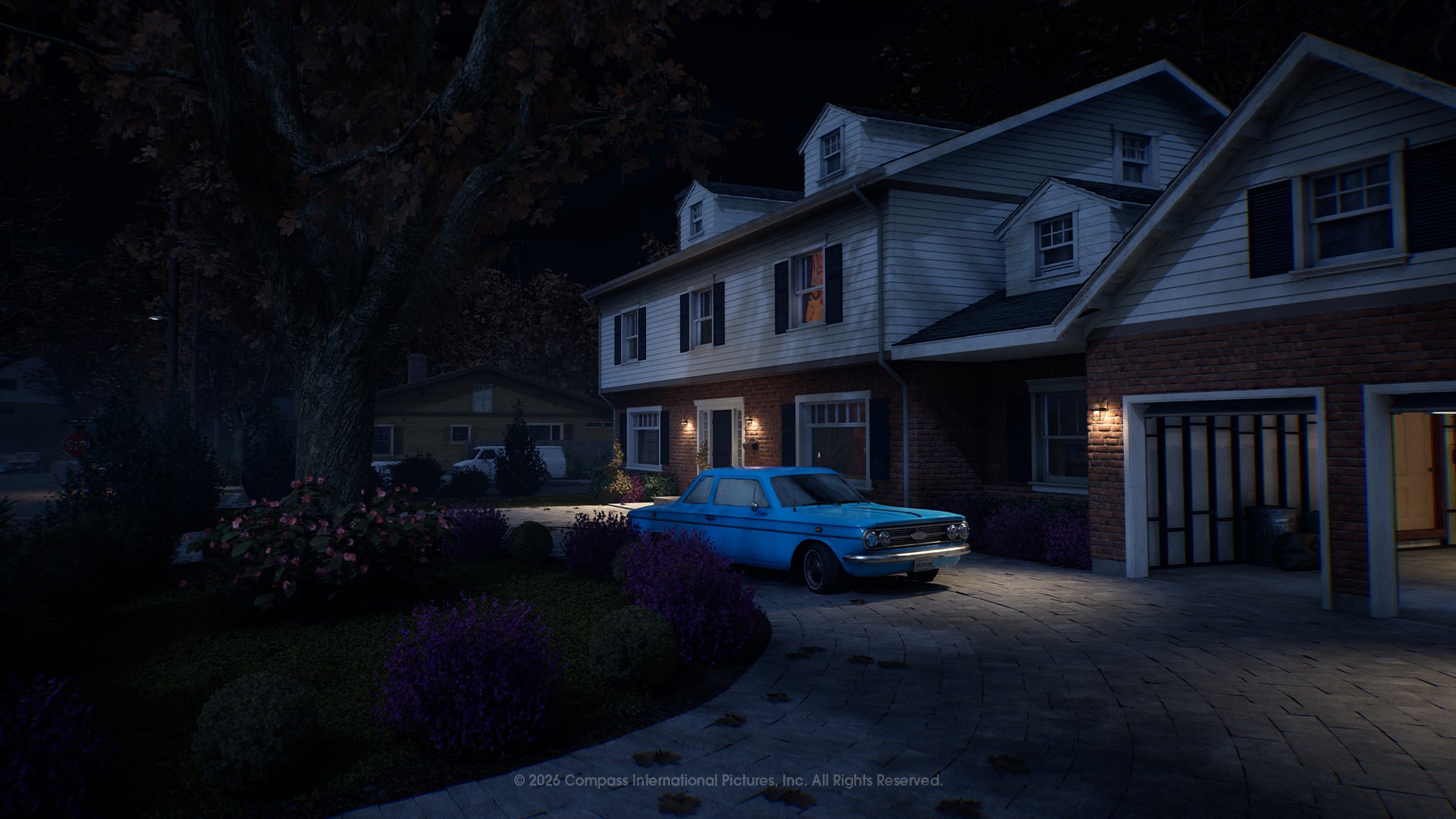 Official Orange Grove Estates scene showing a blue sedan on a driveway beside a two-story house and garage.